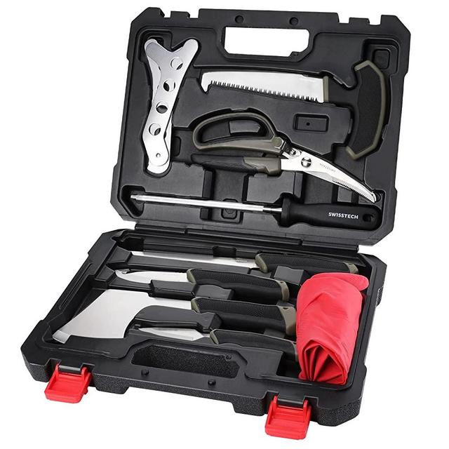 Swiss+Tech Field Dressing Kit, 10-Piece Hunting Knife Set with Caping Knife, Gut-Hook Skinner, Fillet Knife, Butcher Knife, Wood/Bone Saw, Shears, for Deer Hunting, Fishing, Camping, Survival