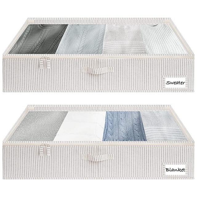 StorageWorks Underbed Storage Box with Clear Window and Sturdy Structure, Foldable Underbed Storage Bins for Clothes, Blankets and Shoes, Gray and White Stripes, Large, 2 Pack, 33" L x 17" W x 5 ¾" H