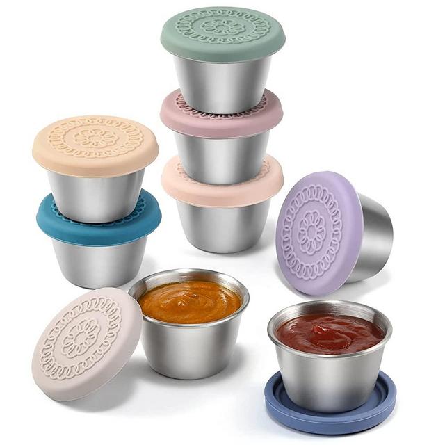 [8 Pack] Salad Dressing Container To Go, 2.4oz Small Condiment Containers with Lids, Reusable Stainless Steel Sauce Cups Containers, Leakproof Silicone Lids for Lunch Bento Box, Picnic and Travel