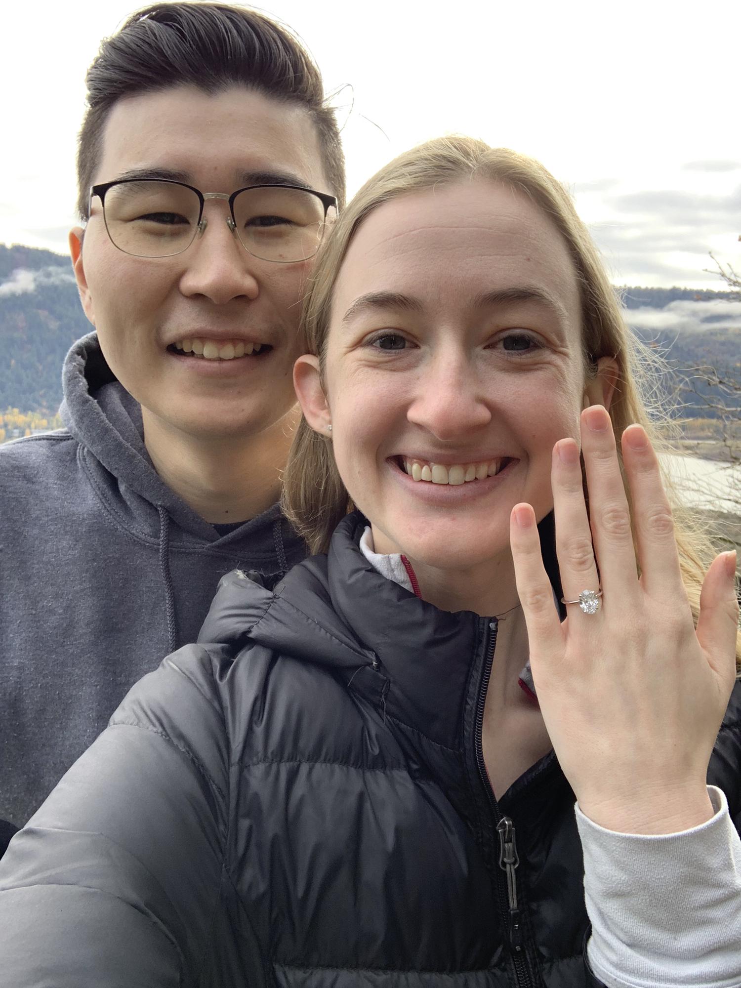 We’re engaged! Kai proposed while on a hike on the Columbia River.