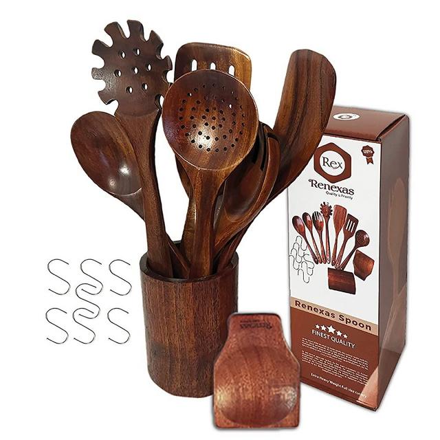 renexas 9 pcs wooden spoons for cooking utensils, natural teak wooden  cooking spoons with nonstick spatula