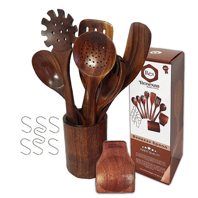 9 Pcs Wooden Spoons for Cooking Utensils, Natural Teak Wooden Cooking Spoons with Nonstick Spatula Set, Bamboo Kitchen Utensils With Holder, Wood Spoon Set for Kitchen Essentials