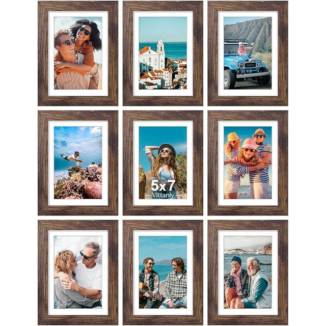 Vittanly 5x7 Picture Frames Set of 9, Shatter Resistant Plexiglass, Display 4x6 Pictures with Mat or 5x7 without Mat, Photo Frames for Wall or Tabletop, Engineered Wood, Brown