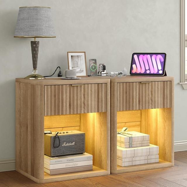 FUSOU Night Stand Set of 2 Nightstands with Drawer Storage Bed Side Table End Table Large Modern Wood Wide Bedside Stand Mid Century Night Stands for Bedroom Living Room Sofa Couch Office,Oak