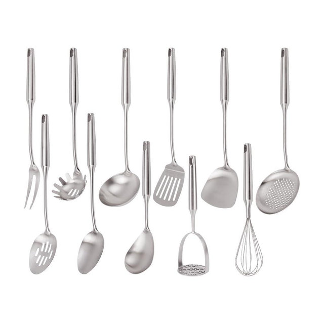 304 Stainless Steel Kitchen Utensils Set, 11PCS Metal Cooking Tools, Masher, Fork, Solid Spoon, Slotted Spoon, Spatula, Whisk, Skimmer, Slotted Spatula Tunner, Soup Ladle, Spaghetti Spoon, Large Ladle