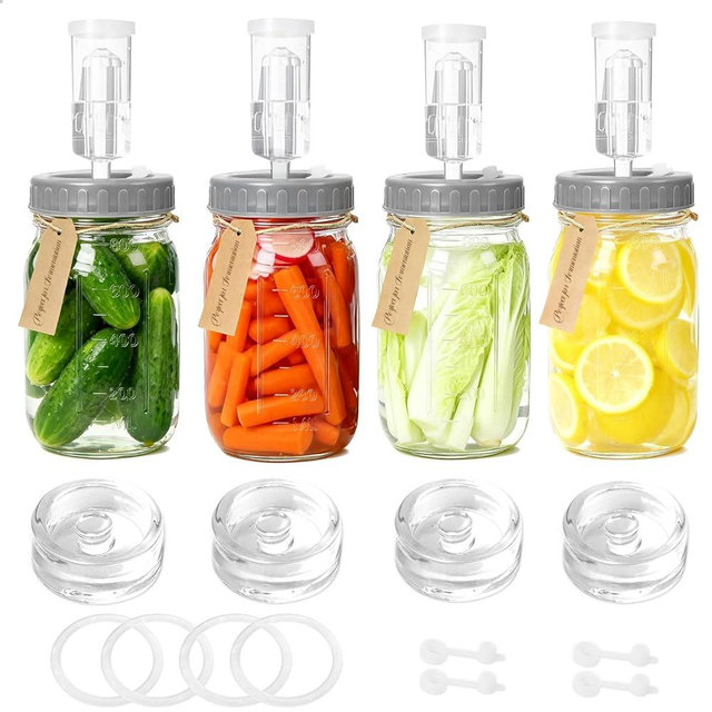 4-Pack Mason Jar Fermentation Kit(Jars Included) Four 32oz Fermentation Jars with Plastic Fermenting Lids, Airlocks, Silicone Rings & Grommets, and Glass Weights for Easy Fermenting & Storage