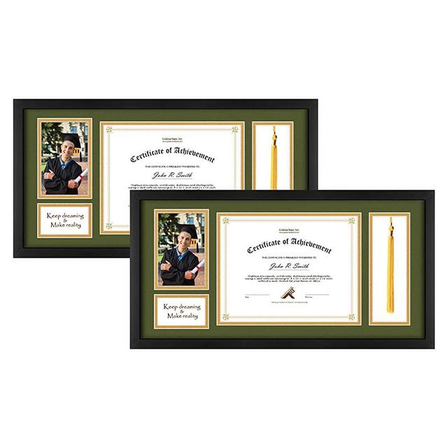 Golden State Art, Solid Wood Diploma Tassel Shadow Box, 11x22 Frame for 8.5x11 Document/Certificate & 4x6 Photo, with Double Mat (Dark Green Over Gold), Tassel Holder & Real Glass, Black, 2 Pack