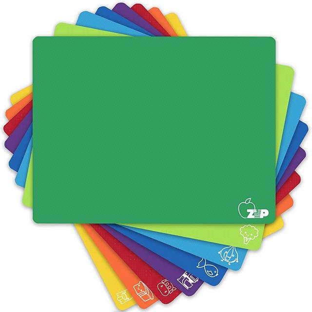 ZVP Flexible Plastic Cutting Board Mats Set of 8, Colorful Chopping Boards with Food Icon for Kitchen, Non-Slip Back, Non Porous, BPA Free, Dishwasher Safe