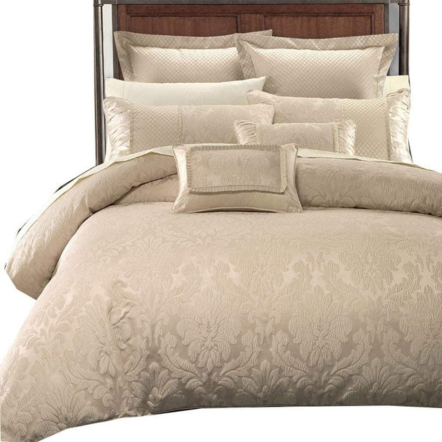 Luxury 7PC Sara Jacquard Duvet Cover Set (Comforter Cover), Corner Ties with Duvet Cover and Button Closure, King/Cal King Size, Beige