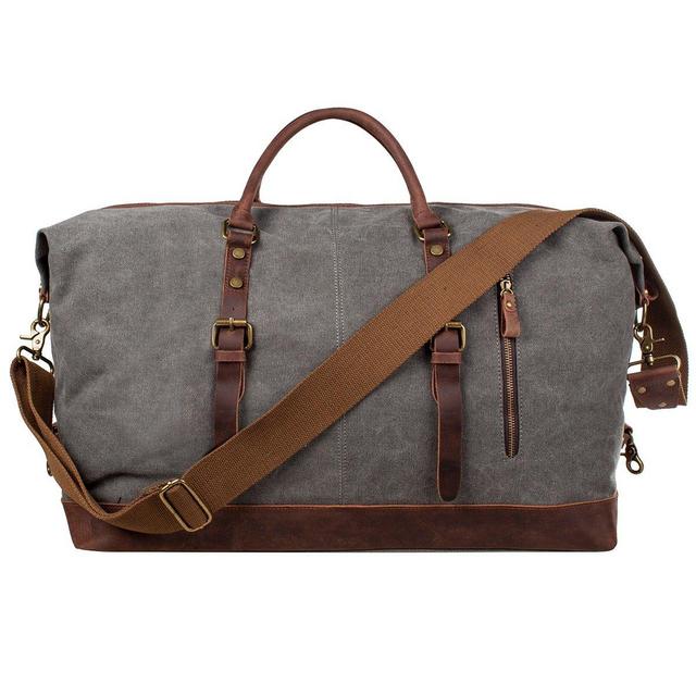 S-ZONE Oversized Canvas Genuine Leather Trim Travel Tote Duffel Shoulder Weekend Bag Weekender Overnight Carryon Handbag