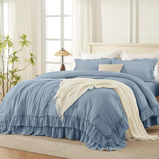 Andency Grayish Blue California King Comforter Set, 3 Pieces Farmhouse Shabby Chic Bedding Comforter Sets, Lightweight Fluffy Soft Microfiber All Season Bed Set(104x96In Comforter)