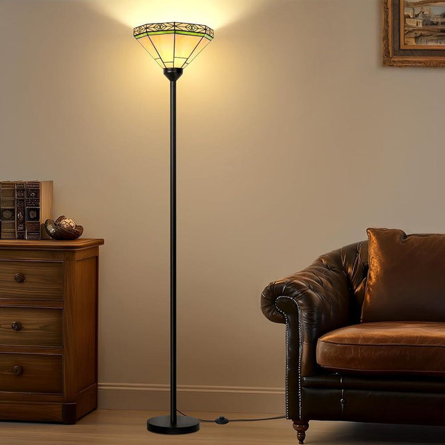 Tiffany Floor Lamp, Tochiere Standing Lamp with Stained Glass Shade, Vintage Tall Pole Lamp with Foot Switch, Decorative Corner Lamp Standing Light for Living Room Bedroom Home Office(E26 Base)