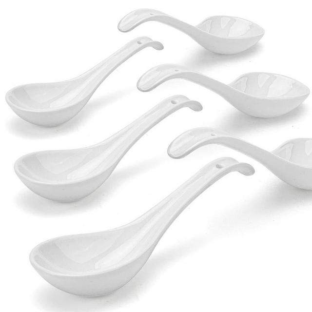 Artena Elegant White Asian Soup Spoons, Porcelain Chinese Japanese Spoons Sets of 6-6.75 Inches for Ramen Pho Wonton Deep Oval Hook Design