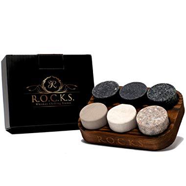 Whiskey Chilling Stones - Set of 6 Handcrafted Premium Granite Round Sipping Rocks - Hardwood Presentation & Storage Tray - Perfect Gift by R.O.C.K.S.