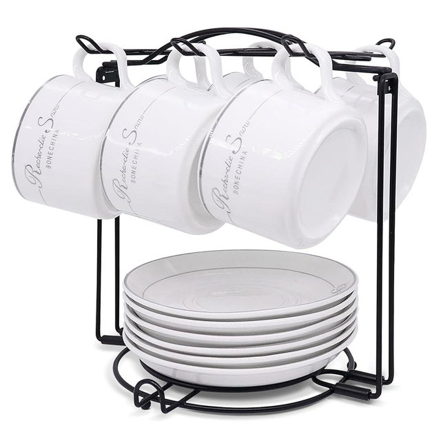 Tea Cups Holder,Black Metal Coffee Cup Tea Cups Rack,Foldable Organizer for Coffee Cup Spoon and Saucers