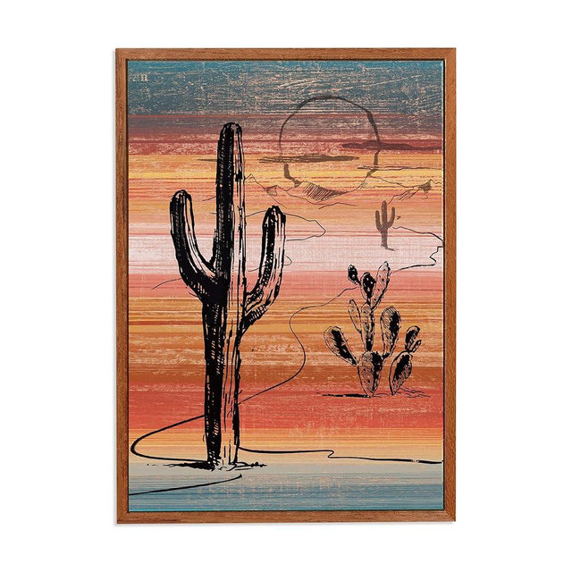 Putuo Decor Cactus Wall Decor, Western Wooden Cactus Wall Sign, Abstract Mountain River Landscape Printing Wall Hanging Decor for Bathroom Living Room Dining Room Kitchen
