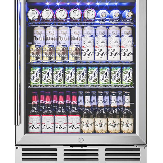 Feelfunn 24 inch Beverage Refrigerator - 180 Cans Under Counter Beverage Fridge with Glass Door & Safety Lock for Beer Wine Soda, Built-in or Freestanding Drink Fridge for Home Office Kitchen or Bar