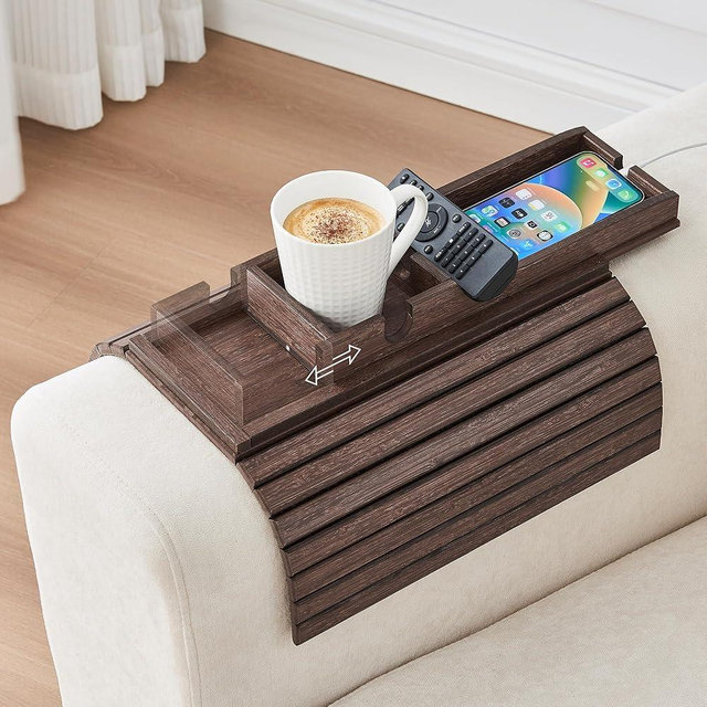 GEHE Detachable Couch Cup Holder, Anti Falling Sofa Arm Tray, Natural Bamboo Sofa Cup Holder More Safe for You Family, Portable Couch Arm Tray Armrest Table for Remote, Snacks, Phone, Drinks
