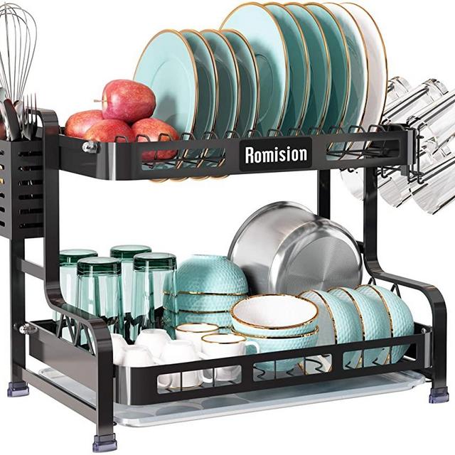 2 Tier Dish Rack, Romision Stainless Steel Large Dish Drying Rack and Drainboard Set with Utensil Holder, Cup Holder and Dish Drainer for Kitchen Counter(Black)