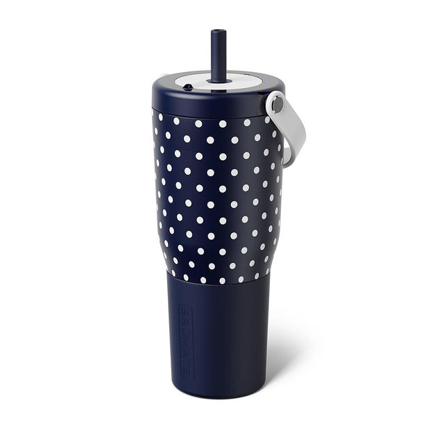 BrüMate Resa 35oz 100% Leakproof Tumbler w/Handle & Straw | Flexible SoftSip Straw | Silicone Sleeve for Durability | Stainless Steel | Cup Holder & Travel Friendly Water Bottle (Navy Polka Dots)