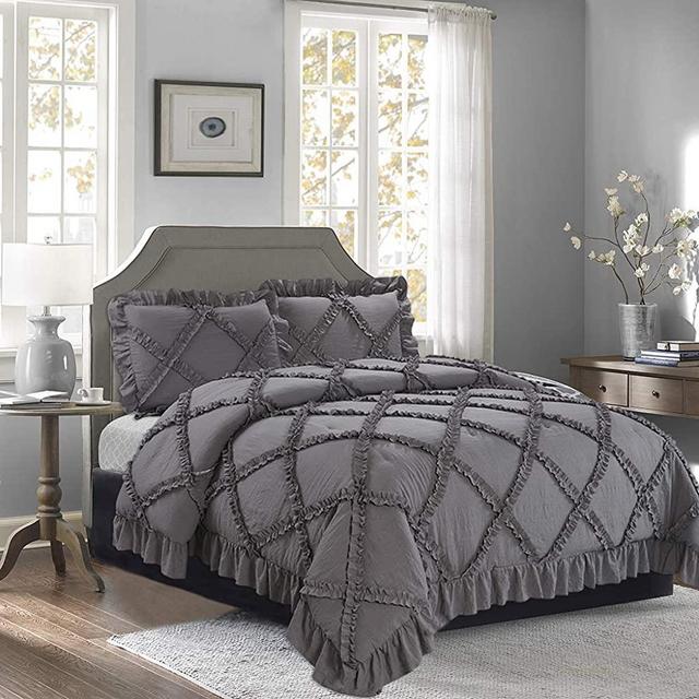 HIG 3 Piece Romantic Ruffle Applique Bedding Set King Gray - 4" Handmade Ruffle Edge - 100% Poly Filling - Durable, Shrink Resistant Soft Comforter Set with 2 Shams - Year-Round Use Comforter(Kanta)