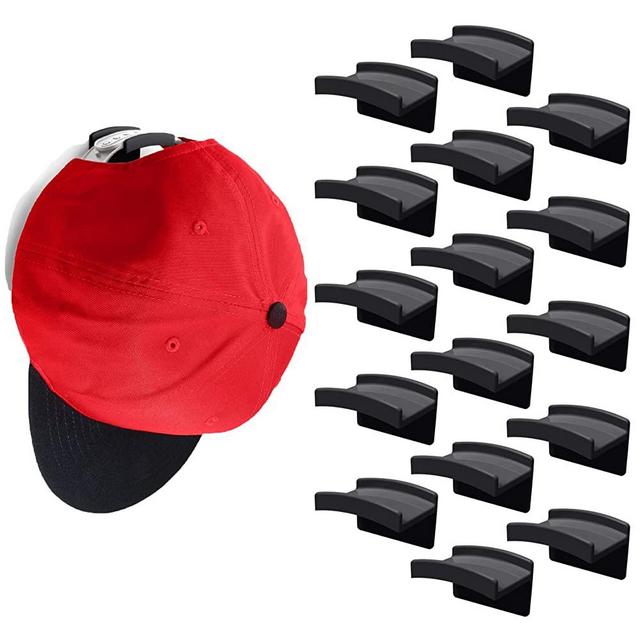 Modern JP Adhesive Hat Hooks for Wall (16-Pack) - Minimalist Hat Rack Design, No Drilling, Strong Hold Hat Hangers - U.S. Patent Pending, Black