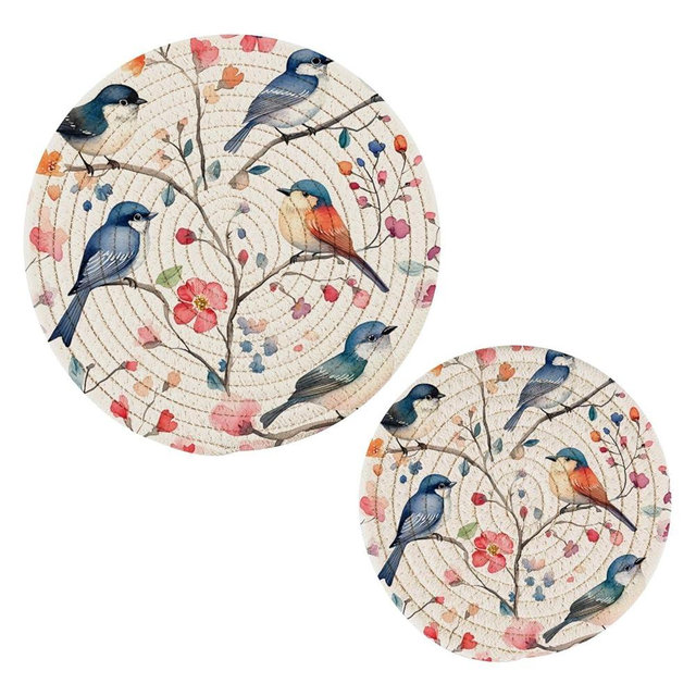 STAYTOP Birds and Flowers Trivets Pot Holders 2PCS, Hot Pads, Table Mats,Placemats Set for Cooking and Baking,Cotton Braided Hot Pads