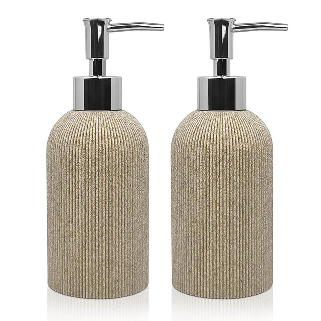 Hand Soap Dispenser for Bathroom and Kitchen Countertop, 10 oz Resin Soap and Lotion Dispensers Set with Plastic Rust Proof Pump, Boho Refillable Liquid Dish Soap Dispensers Bottle,Beige