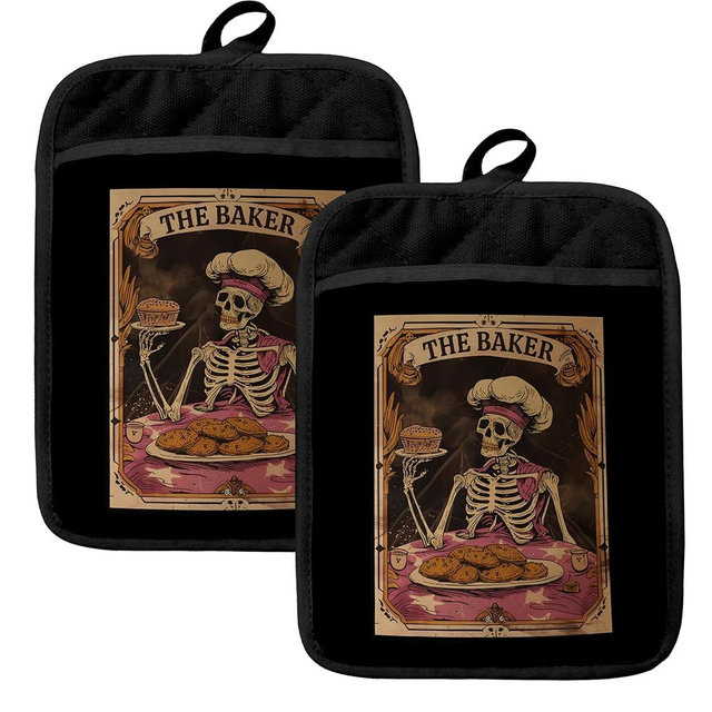 HUGANE Funny Gothic Skeleton Baker Pot Holders for Kitchen, Gifts for Baking Lovers, Witchy Tarot Card Goth Skull Heat Resistant Hot Pads and Oven Mitts for Baking Cooking