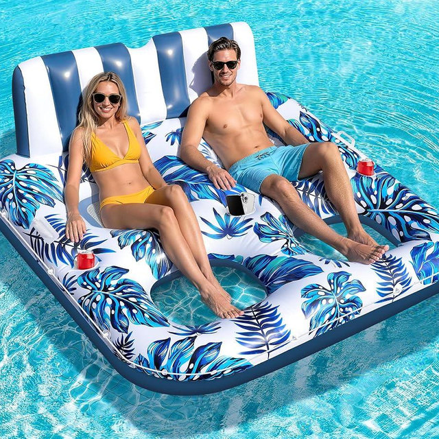 Sinbyuer 2 Person Inflatable Pool Floats Adult, 66x62 Inch Pool Lounger Float with Cup Holders & Backrest, 0.4mm Thickened Pools Float Recliner Rafts, Floating Chair Water Floaties for Adults