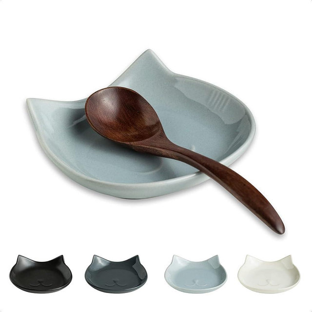 Miamolo Ceramic Spoon Rest for Kitchen Counter, 5.12 Inches Cute Spoon Holder for Stove Top, Cat Utensil Rest Cooking Spoon Holder, 1 Pack Light Gray