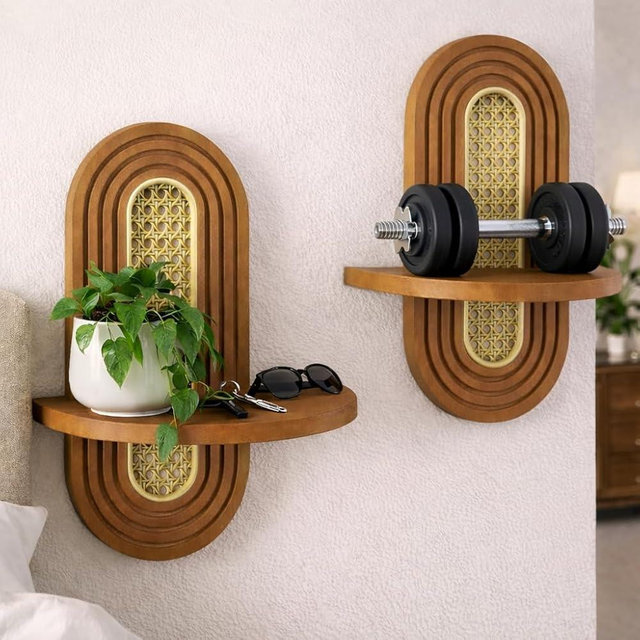 Floating Shelves for Wall,2 Pack CNC Carved Wood Wall Shelves with Rattan Woven Detail,Boho Wall Shelf & Boho Wall Decor,Nordic Style for Entryway,Bathroom & Living Room,Candles,Plants (Brown)
