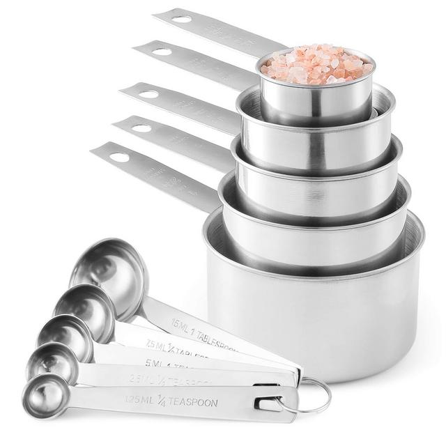 Stainless Steel Measuring Cups And Measuring Spoons 10-Piece Set, 5 Cups And 5 Spoons