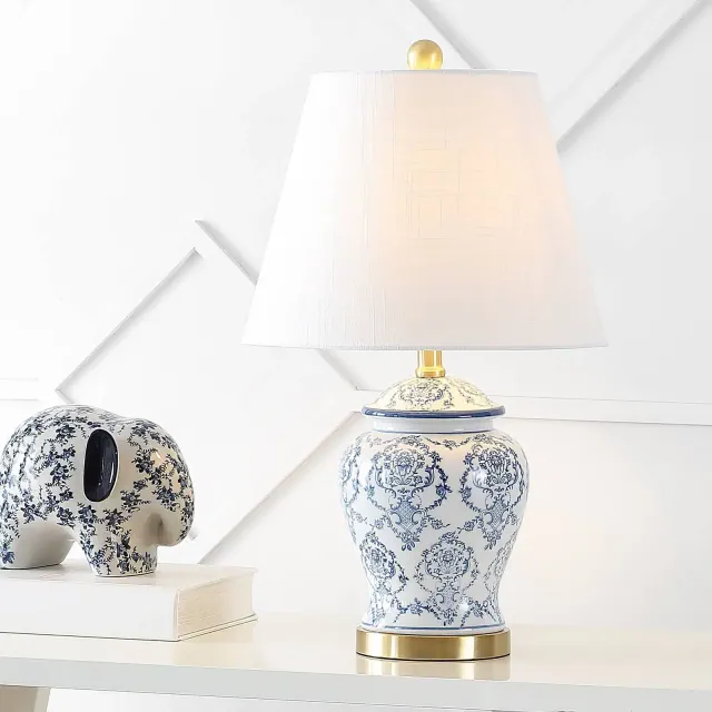 22.25" Ceramic Juliana Traditional Classic Chinoiserie Table Lamp Blue/White - JONATHAN Y: Empire Shade, Linen