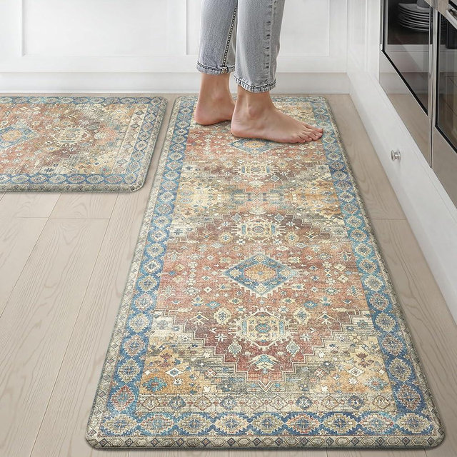 GENIMO Kitchen Mats for Floor, 2PCS Kitchen Rugs Non Slip Washable, Waterproof Anti Fatigue Mat, Comfort Standing Runner Rug for Sink, Office, Laundry, Home, 17.3"x47"+17.3"x30", RetroBrick