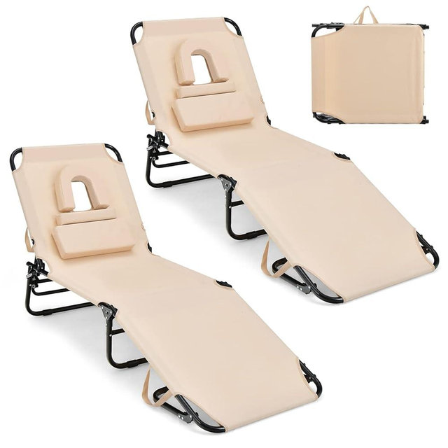 GYMAX Tanning Chair, 350lbs Beach Lounge Chair with Face Hole, Washable Pillow & Carry Strap, Adjustable Folding Chaise Lounge, Layout Chair for Outside, Patio, Poolside, Lawn (2, Beige)