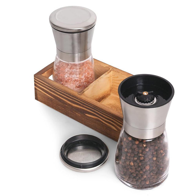 Salt and Pepper Grinder Set with Wood Tray, Manual Sea Salt, Spice and Peppercorn Mill, Glass Container, Stainless Steel Cap, Adjustable Coarseness and Refillable for Modern Farmhouse Kitchen Table