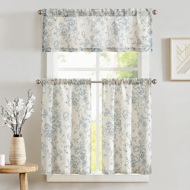 jinchan Floral Kitchen Curtains Set Linen Tier Curtains and Valance Farmhouse Drapes for Small Windows 24 Inch Length for Cafe Living Room Bathroom Rod Pocket 3 Pieces Set Blue on Linen