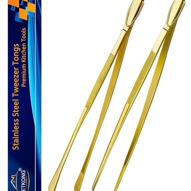 JETKONG 2 Pcs 12-Inch Cooking Tweezers Stainless Steel Food Tweezers Kitchen Tweezer Tongs (Gold)