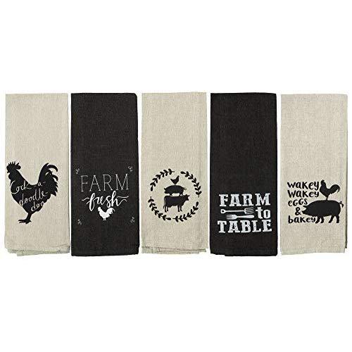 Farmhouse Kitchen Towels Flour Sack Cotton Black/Tan Set of 5
