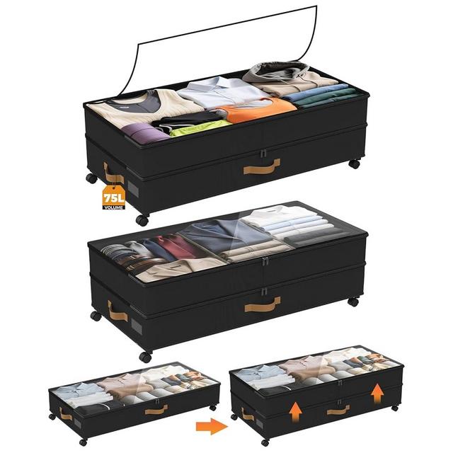 Under Bed Storage with Wheels 2-Pack, 75L XXL Under the Bed Storage Containers Large, 12" Tall Adjustable Storage for Underbed with Lids, Rolling for Shoes, Clothes, Blankets (Black)