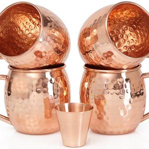 Set of 4 Moscow Mule Copper Mugs with Copper Shot Glass - Four 16 Oz Copper Moscow Mule Mugs - Solid Copper Hammered Mug - Copper Cups for Moscow Mules