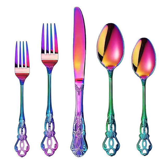 Runfly Gorgeous Retro Royal Rainbow Stainless Steel 20 Pieces Flatware Set, Multicolour Silverware Set, Anti-rust Stainless Steel dark Cutlery Set Utensils Including Fork Spoon and Knife
