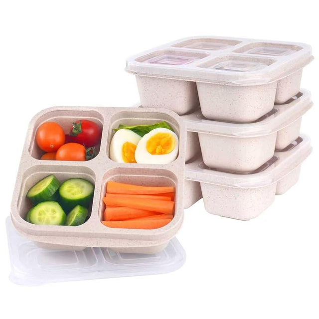 Lvcksturoge 4 Pack Reusable Snack Containers with Lids, 4 Compartments Snack Box Container Bento Box, Divided Lunchable Food Storage Container for Meal Prep, Travel, Work, Microwave, Dishwasher Safe