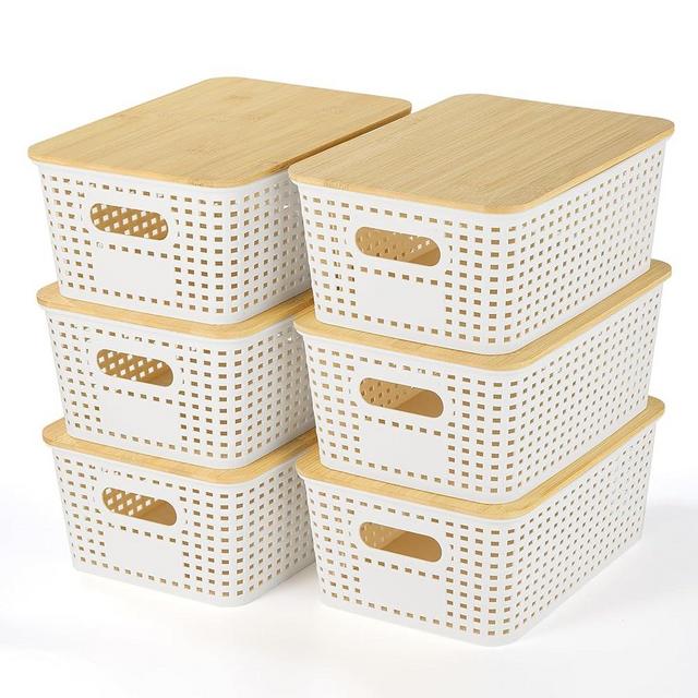 Plastic Storage Baskets With Bamboo Lid - Plastic Storage Containers Stackable Storage bins: Storage Baskets for Organizing Shelves Drawers Desktop Closet Playroom Classroom Office, 6 Pack