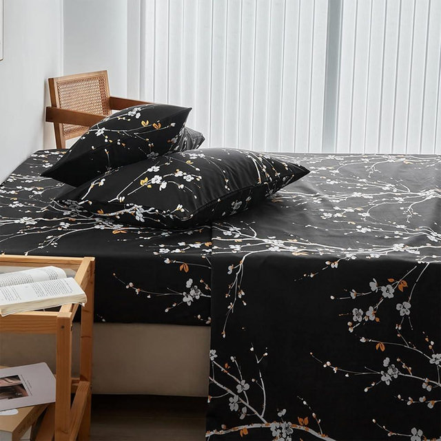 ZRNBAST Queen Sheet Set Fits 14-16 inch Deep Pocket Black Sheets Set of 4 Blossoms Flower Flat Sheet Fitted Sheet Vintage Sheets with Pillowcases (Black, Queen)