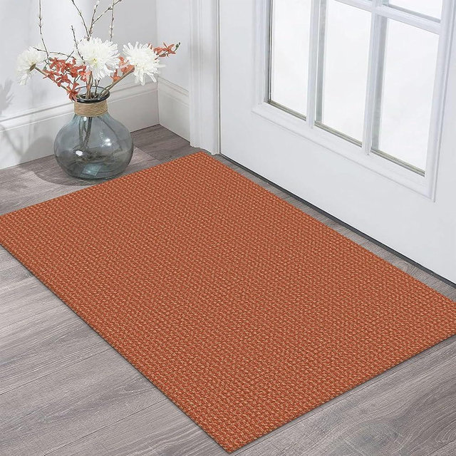 KOZYFLY Indoor Door Mat 2x3 ft Small Area Rugs Washable Front Door Mat Non Slip Rubber Backed Entryway Rug Cotton Entrance Doormat for Front Porch Bathroom Kitchen Bedroom, Orange/Tan