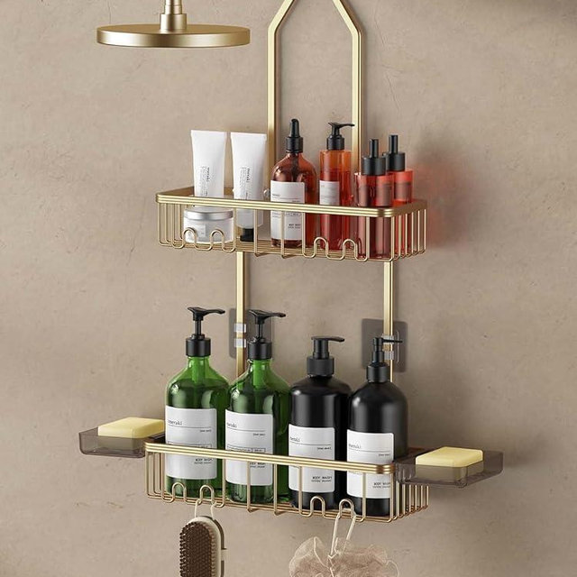 VALORDINE Shower Caddy Hanging, Shower Organizer Hanging, Aluminum Shower Racks for Inside Shower with Hooks for Razor, Never Rust Bathroom Organizers and Storage with Soap Holder, Gold