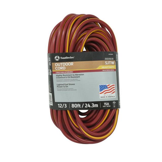80 ft. 12/3 Burgundy/Yellow SJTW Outdoor Heavy-Duty Extension Cord with Power Light Plug