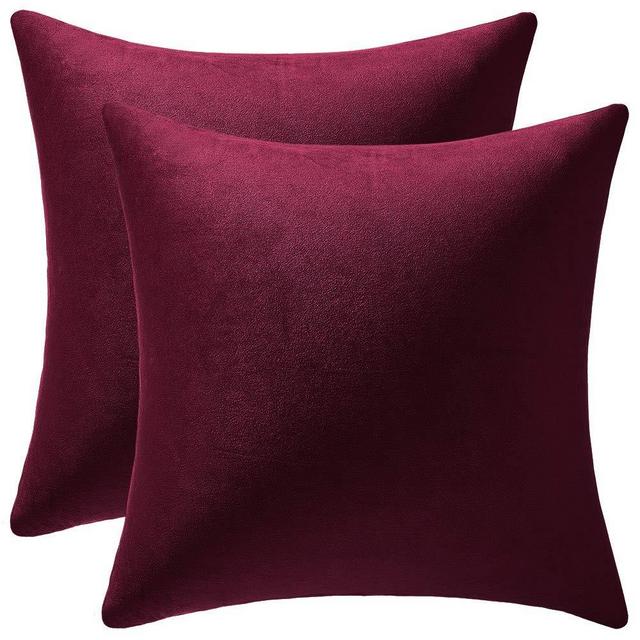 DEZENE Throw Pillow Covers 18x18 Burgundy: 2 Pack Cozy Soft Velvet Square Decorative Pillow Cases for Farmhouse Home Decor